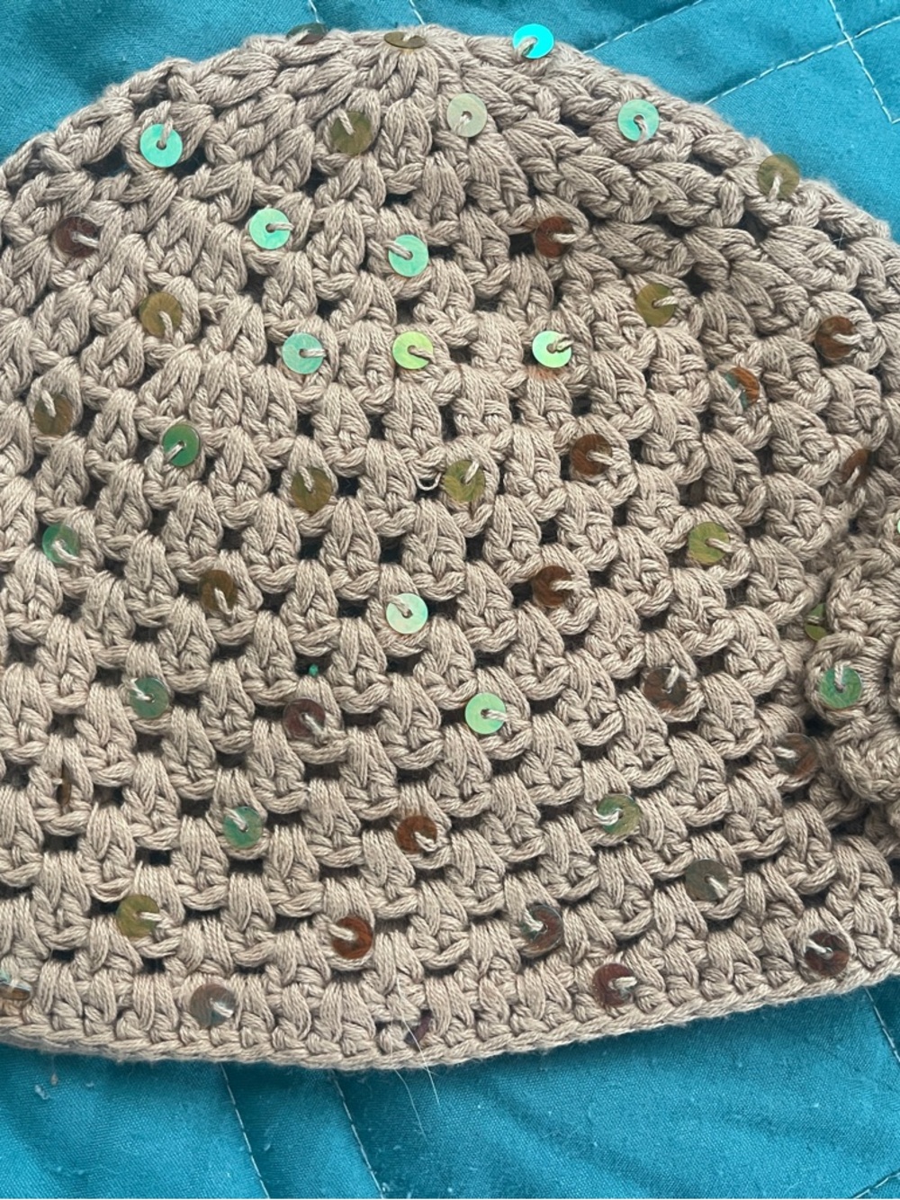 Beige Crochet Sequin Beanie Hat